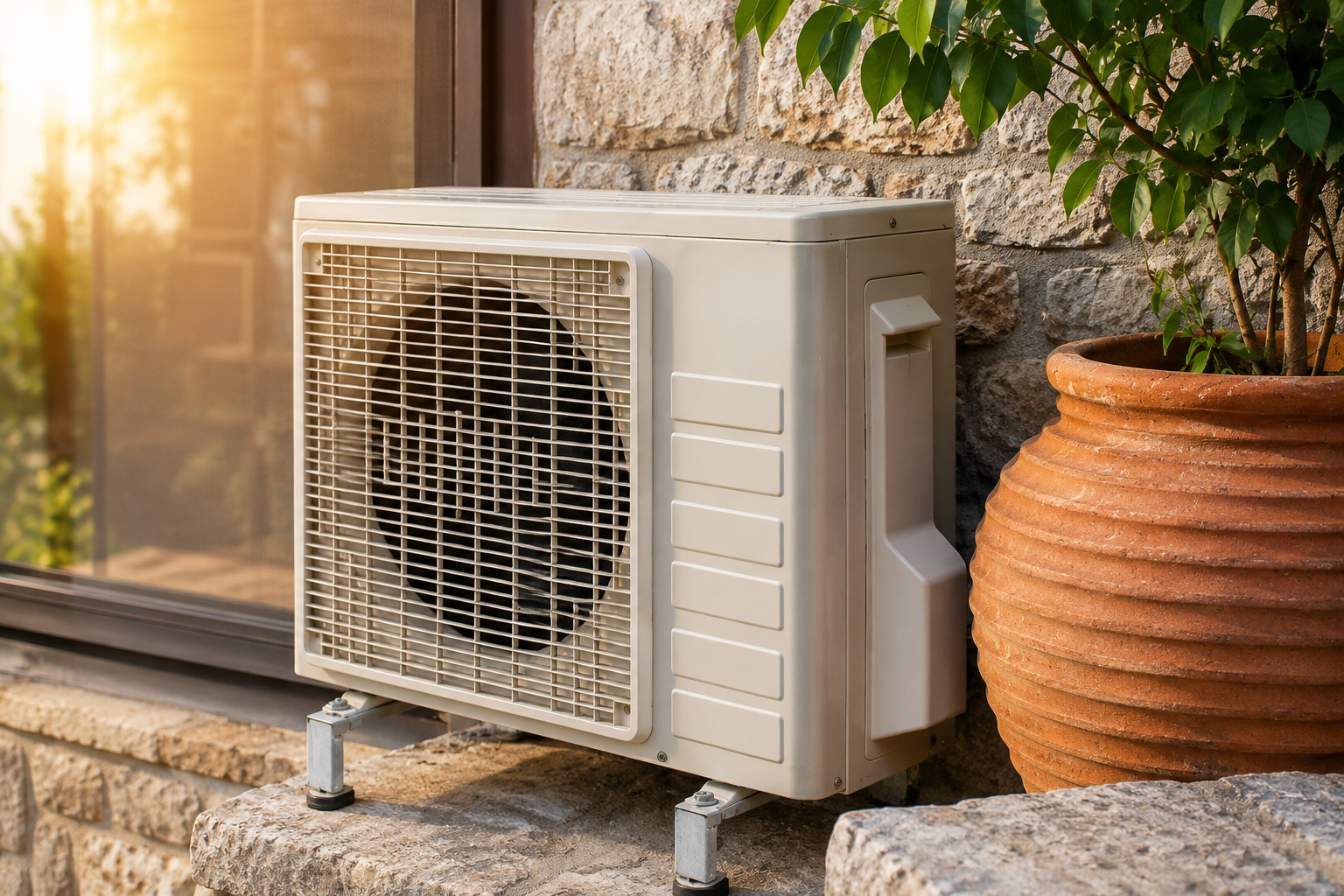 Sunlit porch with air conditioning unit